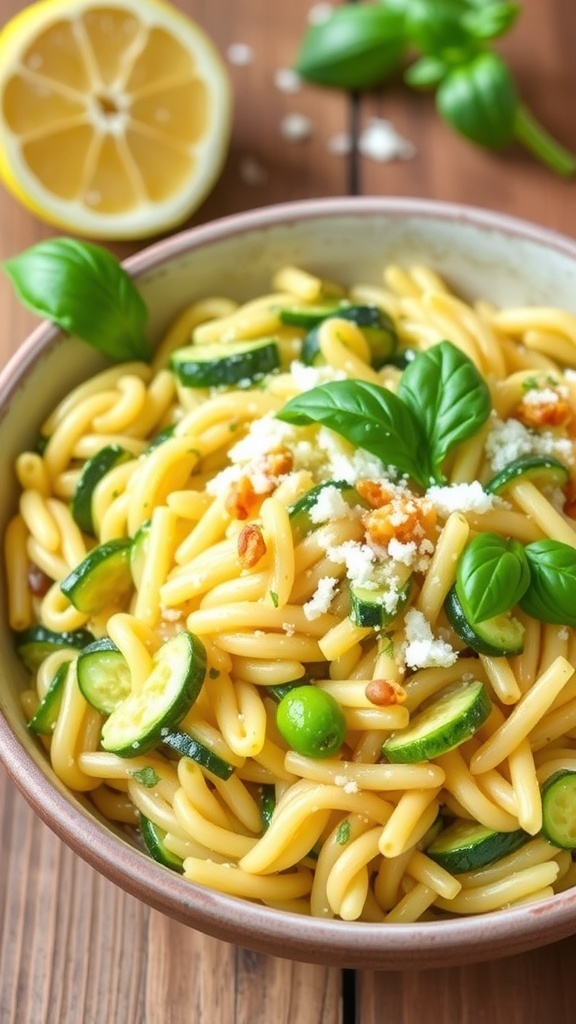 Lemon Zucchini Orzo Recipe A bowl of lemon zucchini orzo with zucchini, basil, and Parmesan cheese on a wooden table.